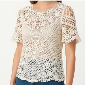 Anthropologie Solitaire Size Small Cream Crochet Lace Short Sleeve Top